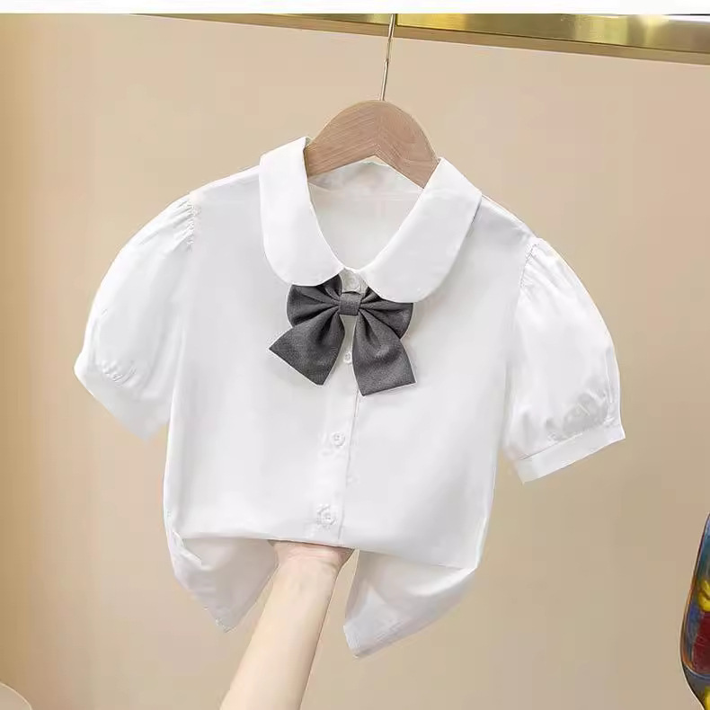Children's Short-sleeved Thin Female Student White Shirt College Style Top Doll Collar Shirt Summer Outfit All-match Bow