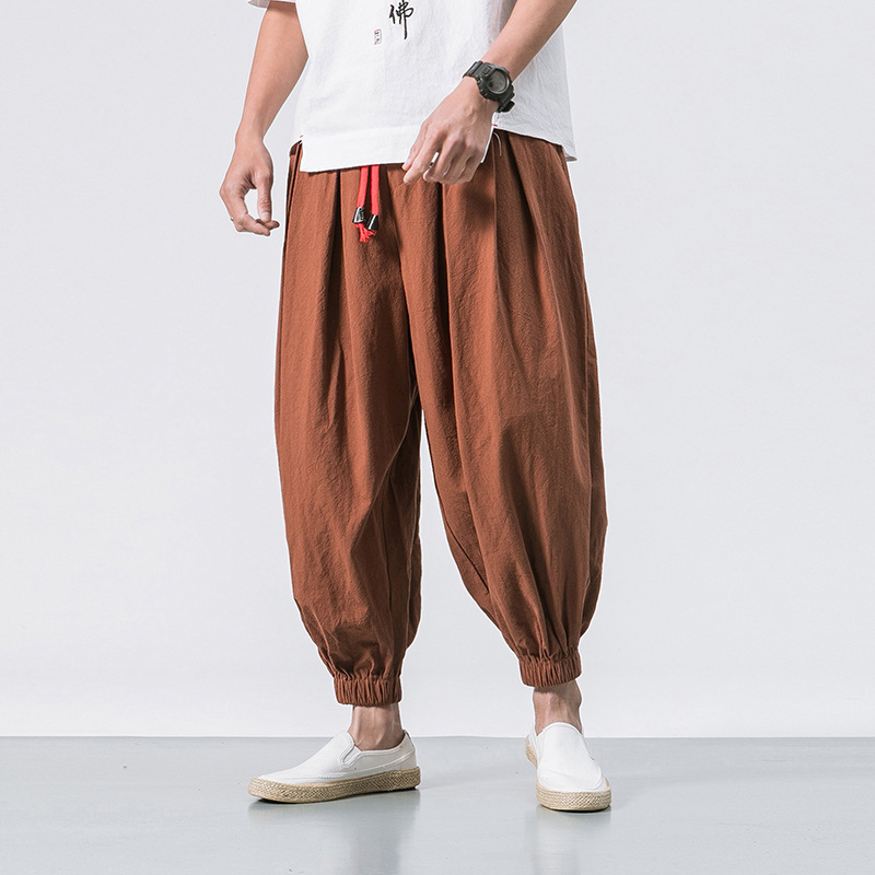 Foreign Trade 2024 New Men's Bloomers Loose Cotton and Linen Ankle Pants Men's Wide Leg Pants Harlan Footless Pants