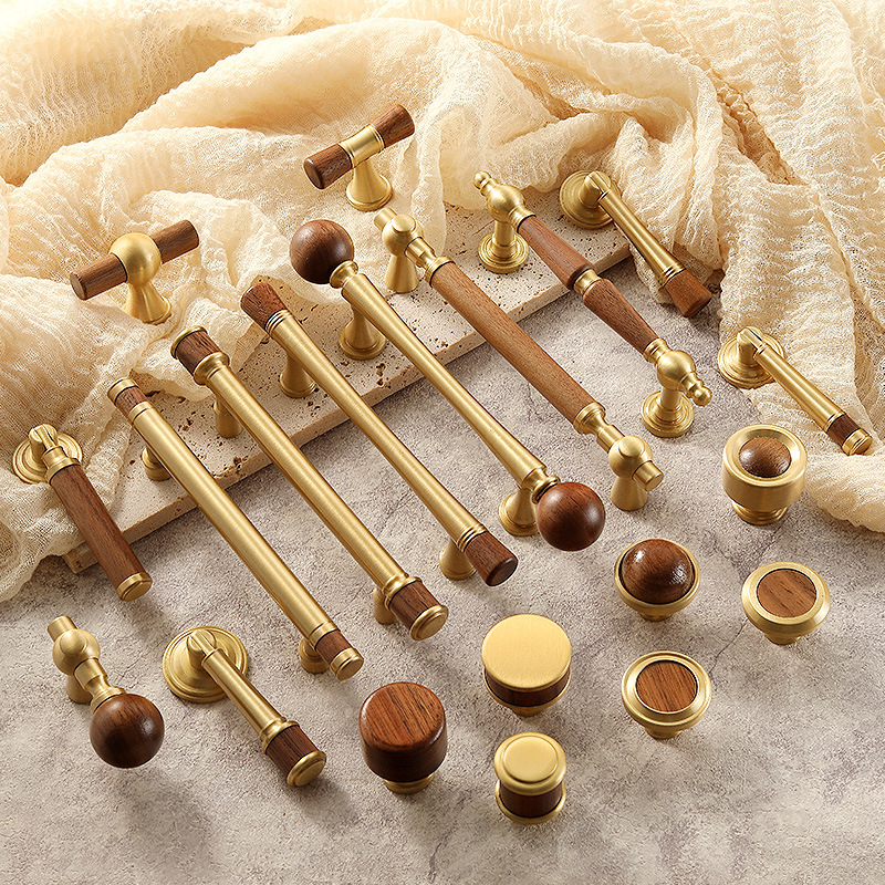 新中式黄铜复古胡桃木拉手衣橱柜门把手抽屉家具中古风单孔小拉手