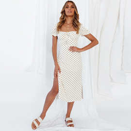 跨境专供2021wish独立站eBay新款印花短袖系带性感开叉连衣裙女装