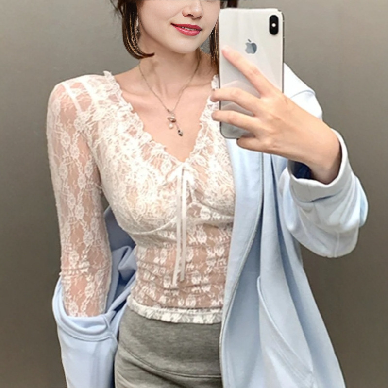 French Pure Desire Cut Out Bow Lace V-Neck Long-Sleeved Bottoming Shirt for Women in Spring and Autum with Layered Slim Tops