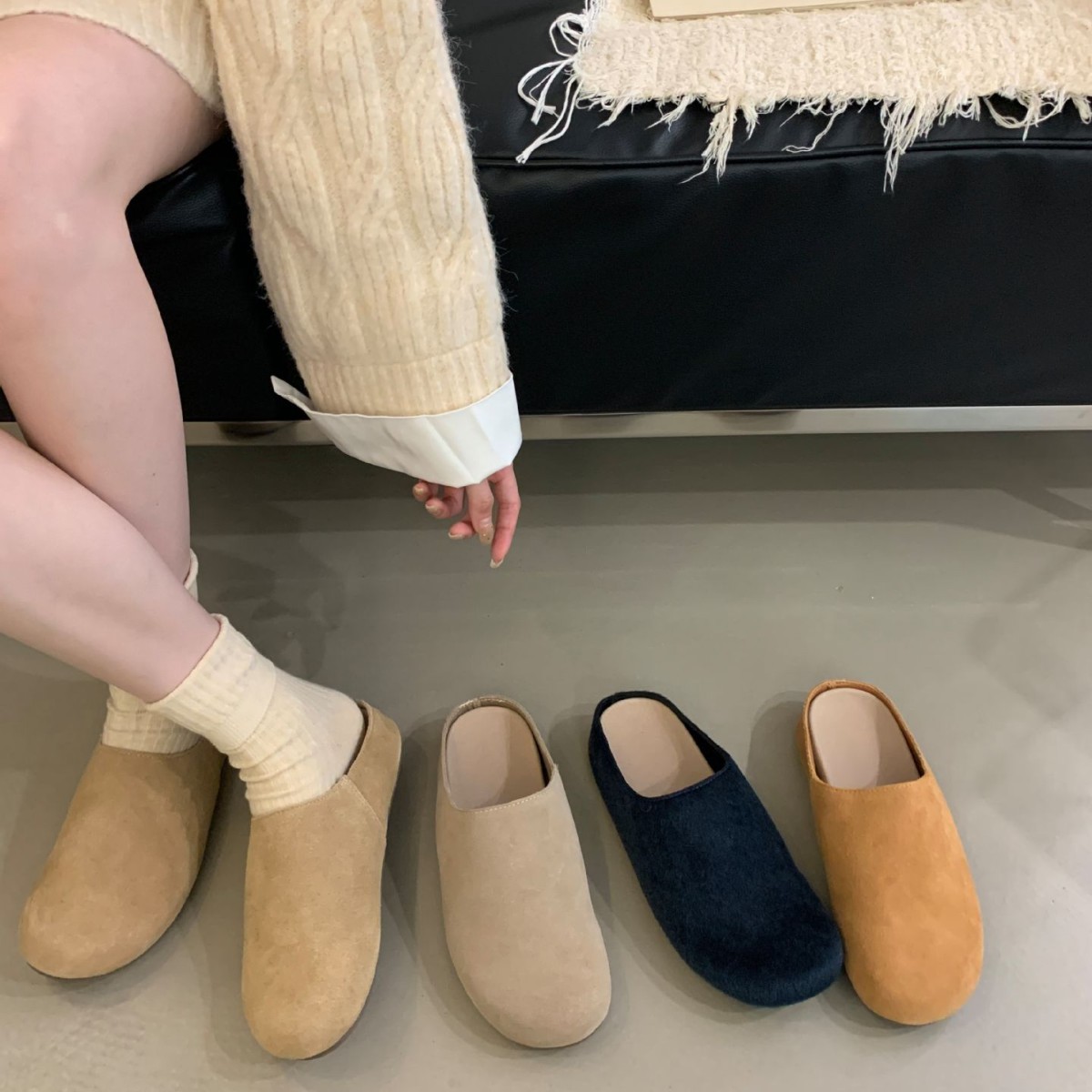 Nuevas zapatillas de otoño de cuero genuino con suela plana, suela blanda, estilo Birkenstock, con suela gruesa y punta ancha, tipo pantuflas.