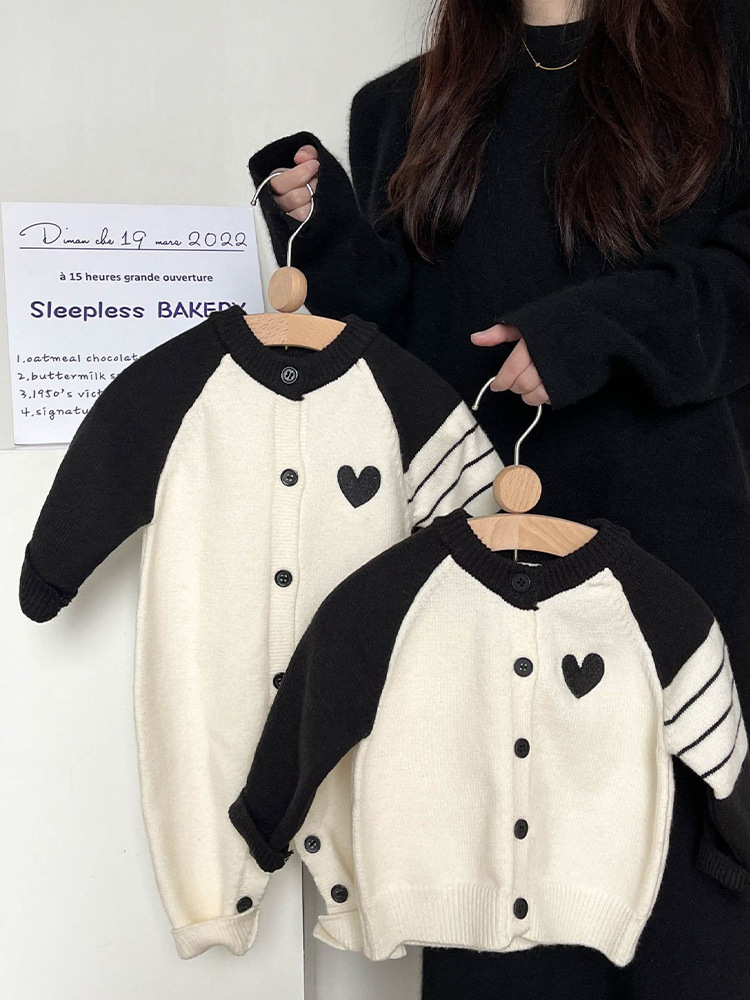 baby sweater romper spring and autumn new newborn baby korean style contrast color bars heart knitted trousers jumpsuit