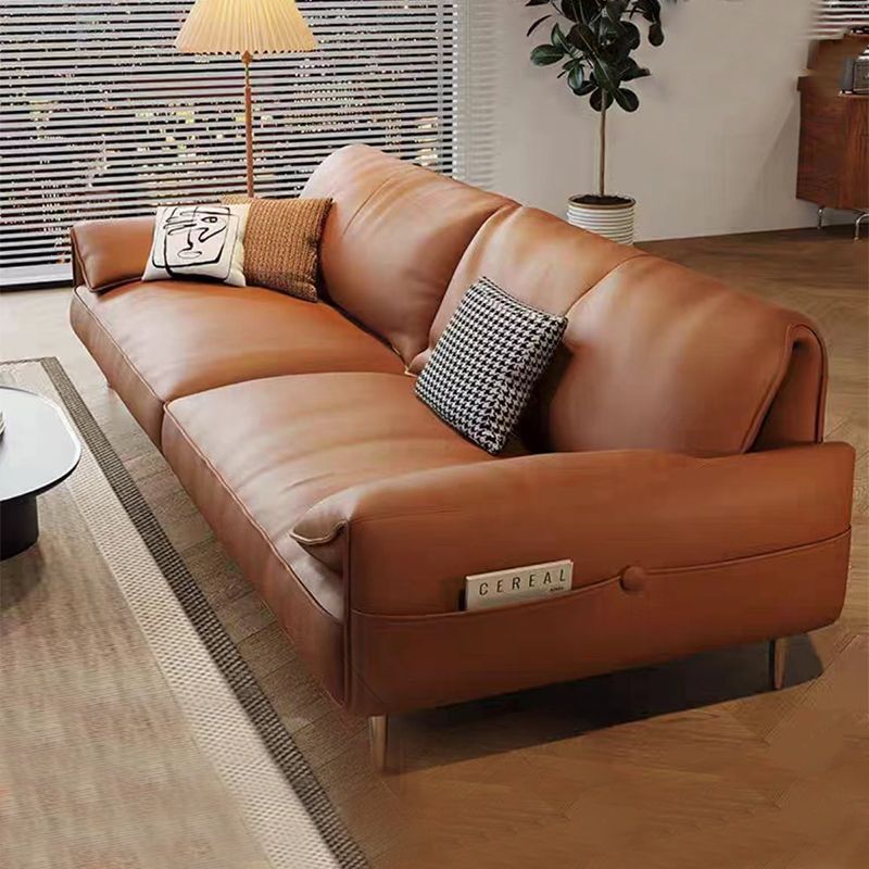 Italian Minimalist Leather Sofa Small Apartment Living Room Elephant Ears Retro Caramel Color Leather Sofa Iron Art