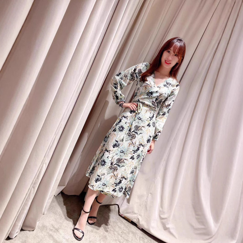 DVF 2020 Autumn and Winter New Elegant Ladies Style V-Neck Printed Wrap-fit Long-sleeved Dress for Women 23197 Clear