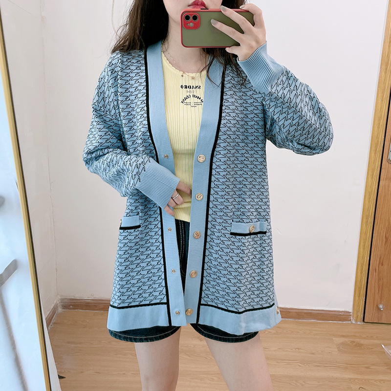 英S家秋V领撞色条纹印花针织开衫女中长款慵懒风毛衣外套220403
