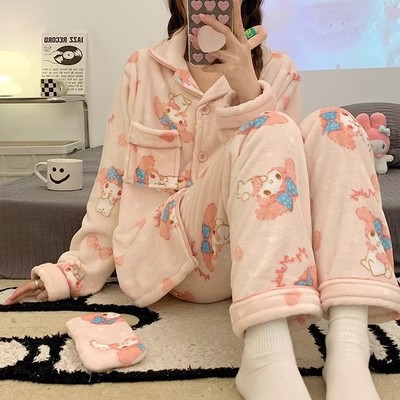 Pijamas de Coral para Mujer, Otoño e Invierno 2025, Nuevo Estilo, Franela Gruesa con Forro Polar, Conjunto de Ropa de Estar con Dibujos Animados, Se Puede Usar en Exteriores. image 8