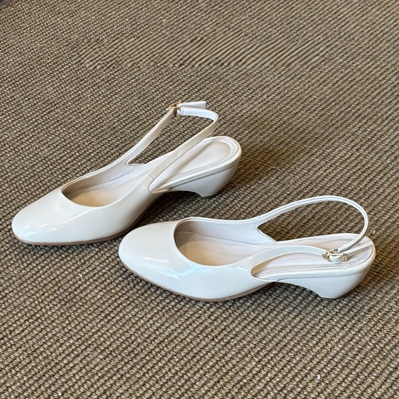 Women's Elegant White Round-Toe Sandals with Shallow Back Strap, Fashionable Versatile Block Heel Open-Back High Heels