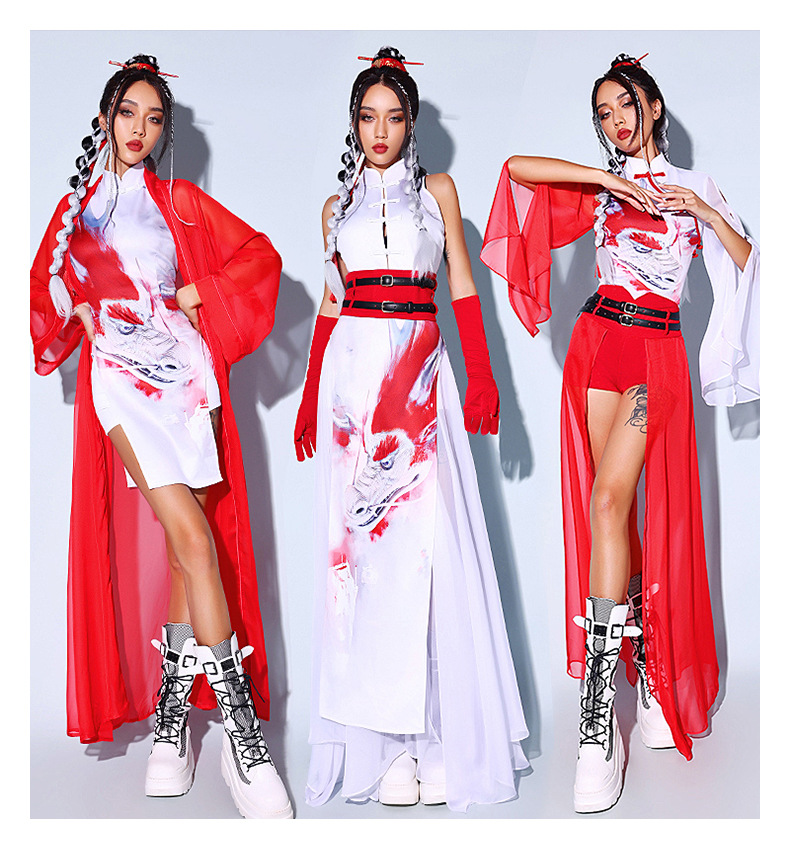 女团打歌服中国风爵士舞旗袍修身年会舞蹈演出服装红色国潮舞台装-阿里巴巴