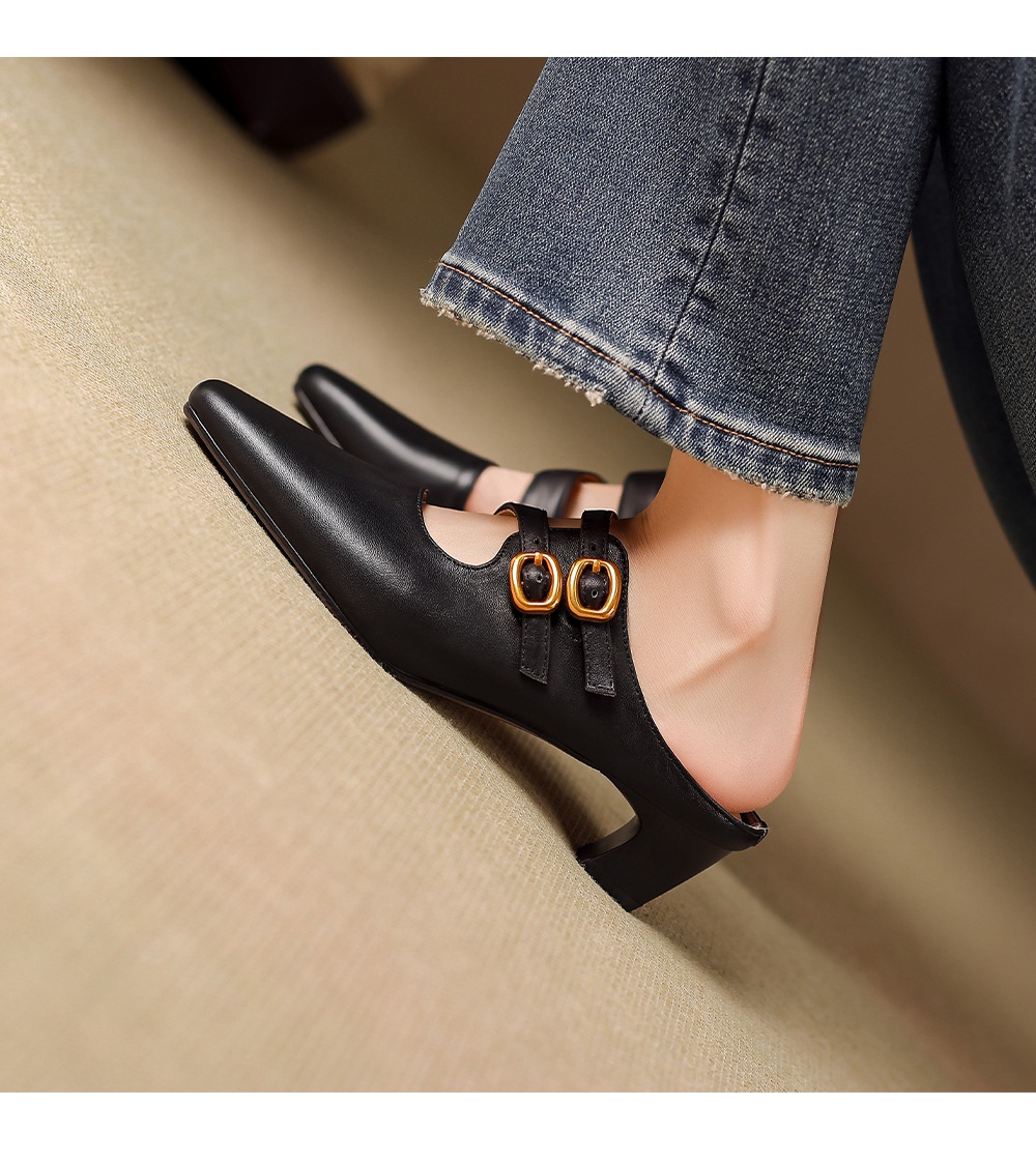 Sandal nữ quai ngang gót vuông ổn định, da bò thật, khóa sau, phong cách Muller — đen chi tiết 8