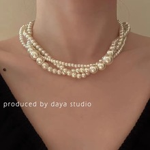小众感多层玻璃珍珠项链法式复古气质颈链新款百搭配饰潮女