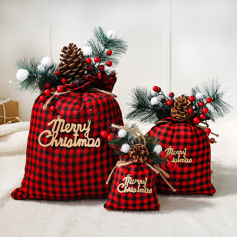 Navidad árbol de Navidad decoraciones rojo y negro a cuadros bolsa de regalo bolsa de tela de Santa Claus espalda bolsa de tela adornos de decoración