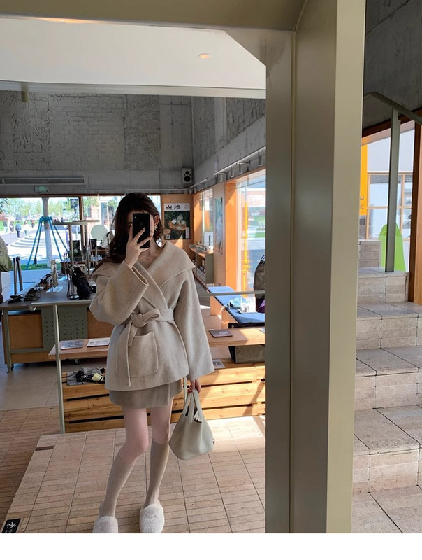 黑标韩女浴袍大衣-牦牛绒羊毛经典秀款连帽大衣外套小个子双面呢|undefined