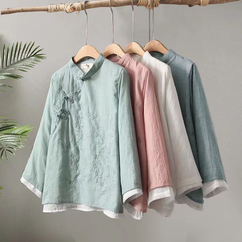 Retro Embroidered Disc Button Linen Cotton Shirt for Women 2025 Spring New Chinese Zen Tea Suit Loose Splicing Round Neck Top