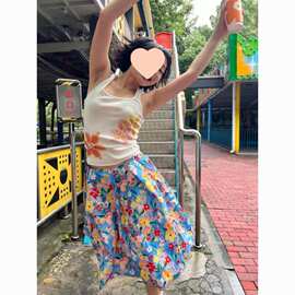 设计感印花蓬蓬花苞半身裙女新款洋气休闲小众碎花印花A字裙女