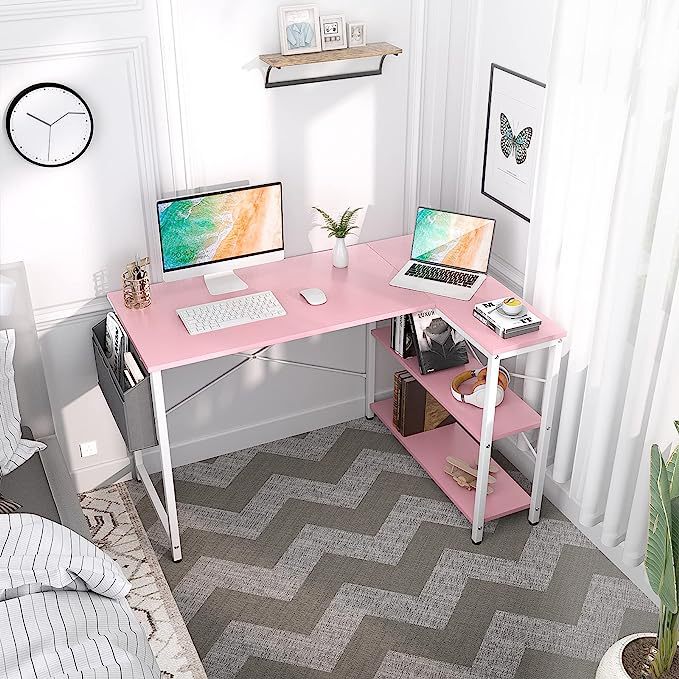 L-shaped corner computer desk with double-sided storage rack student study writing desk pink girl bedroom desk