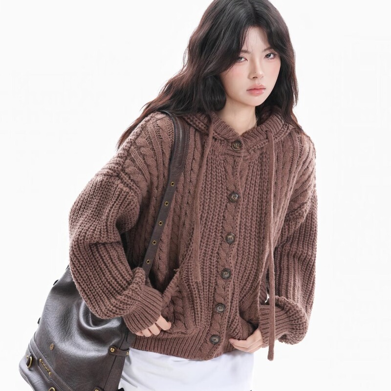 Factory Direct Sales Solid Color Hooded Sweater Women's Twist Zipper Knitted Jacket Long-Sleeved Cardigan Casual Short Top Factory Direct Sales Solid Color Hooded Sweater Women's Twist Zipper Knitted Jacket Long-Sleeved Cardigan Casual Short Top