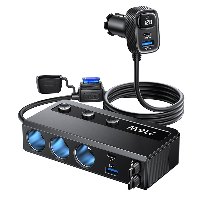 Multifunctional car charger with retractable cable, digital display, high-power car charger, fast charging