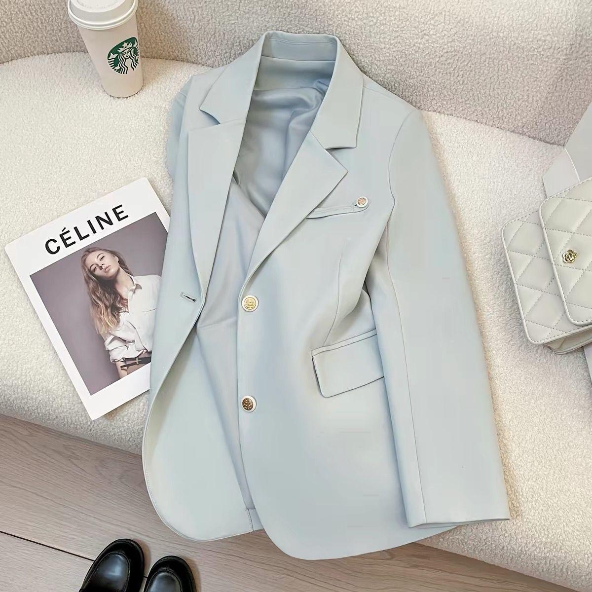 Blue elegant blazer, 2026 spring/autumn new collection, Korean-style casual top, trendy loose-fit suit, rabbit fur