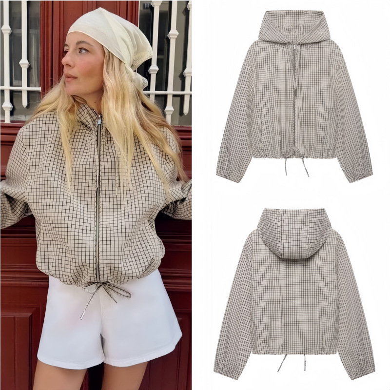 PB&ZA Cross-Border European and American Women's Clothing 2026 Fall Street Fashion Versatile Plaid Hooded Jacket 6318010