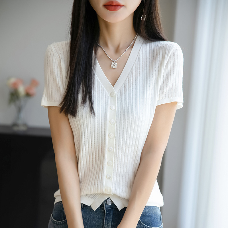 25 New Summer V Neck Knitted Cardigans for Women, Pure Color Pit Strips, Slim Shirts, Fashionable Elegant, Versatile Short-Sleeved Tops