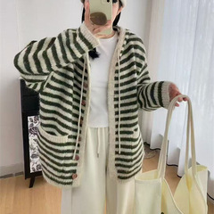 韩系宽松慵懒风毛衣开衫女2025秋冬新款条纹撞色休闲连帽针织外套