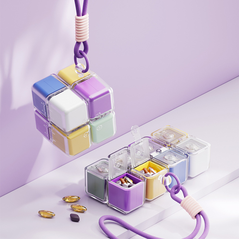 Caja de medicamento de cubo magnético de absorción personalizada portátil con cuerda de suspensión, caja de paquete, caja de almacenamiento de medicamentos de tres comidas al día
