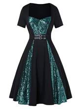 亞馬遜熱賣新款大擺短袖珠片禮服連衣裙歐美女裝針織連衣裙