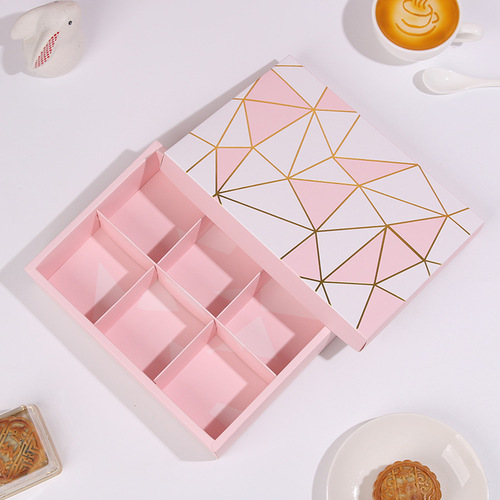 Pink geometric bronzing 6 pieces 80g mooncake box Mid-Autumn egg yolk cake packaging box baked snow meiniang pastry paper box