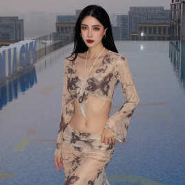 新款春夏性感辣妹比基尼泳衣四件套小胸聚拢长裙防晒跨境一件代发