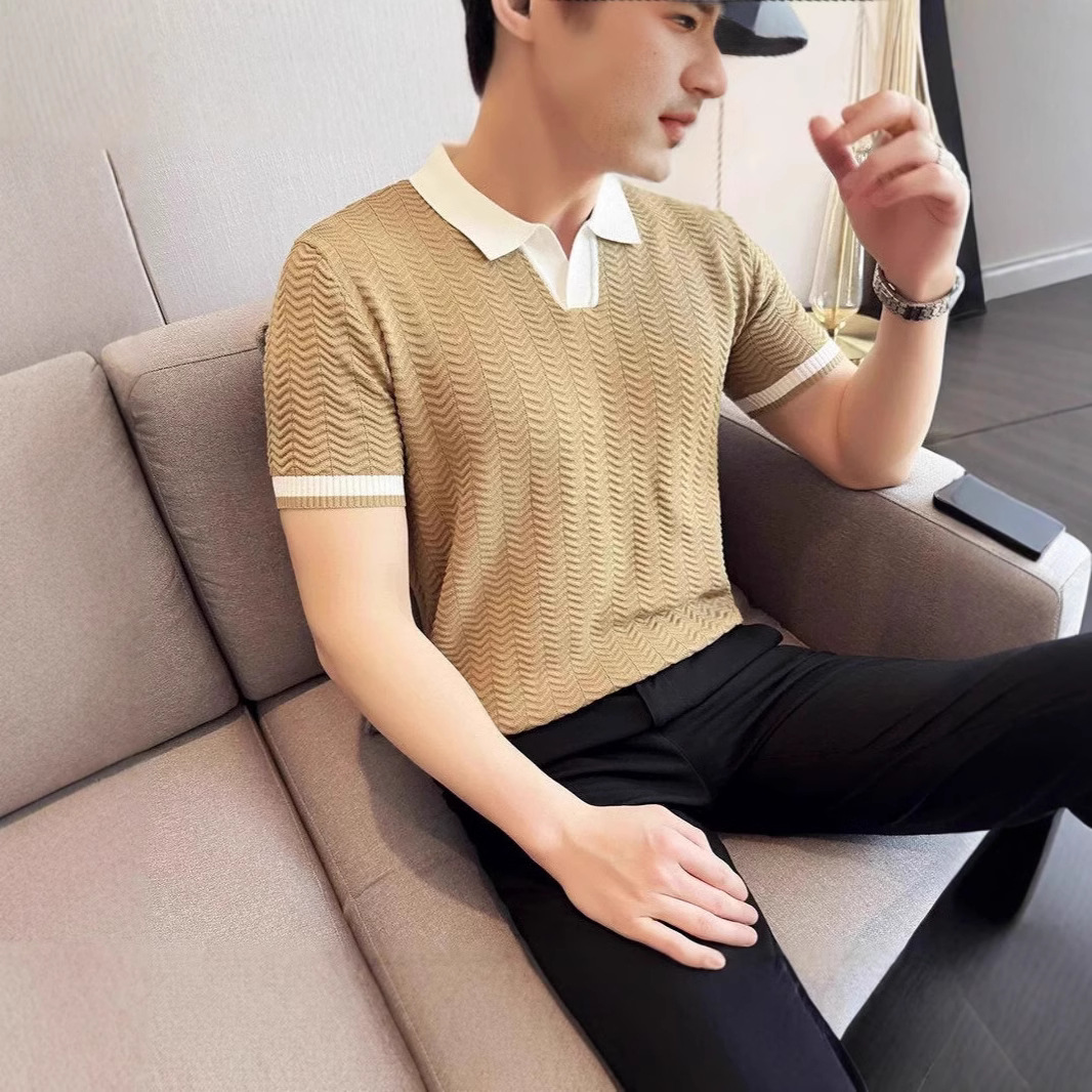 2025 Summer Contrast Collar New European Style Knitted Lapel Poio Short-Sleeved Accessible Luxury Trendy Men's T-Shirt Jacquard Casual