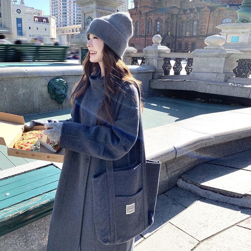 Gray Loose Cocoon-Shaped High-End Wool Double-Sided Woolen Outwear for Women Winter New Style Long Over-The-Knee Thickeneded Woolen Outwear