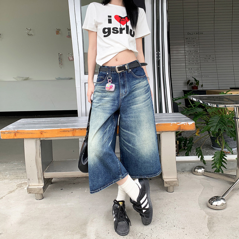 American Style Retro Wash Hair Maliao Denim Shorts Women's 2024 Summer New Arrival Loose Wide-leg Cropped Pants for Men