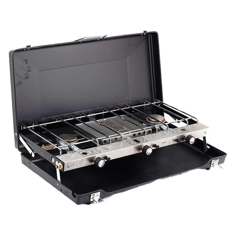 Outdoor Portable Folding Barbecue Oven Portable Gas Stove Camping Picnic Gas Double Stove Three-head Windproof Storage Oven