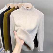半高领木耳边一体绒打底衫女秋冬季加绒加厚保暖内搭修身针织毛衣