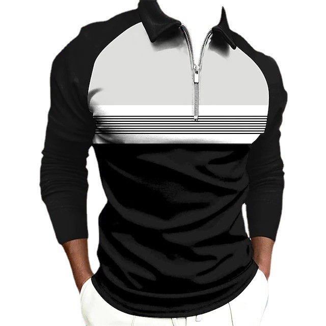 Herren Polo-shirt Langärmlig Mit Kontrastfarben Und Reißverschluss_voghion.com