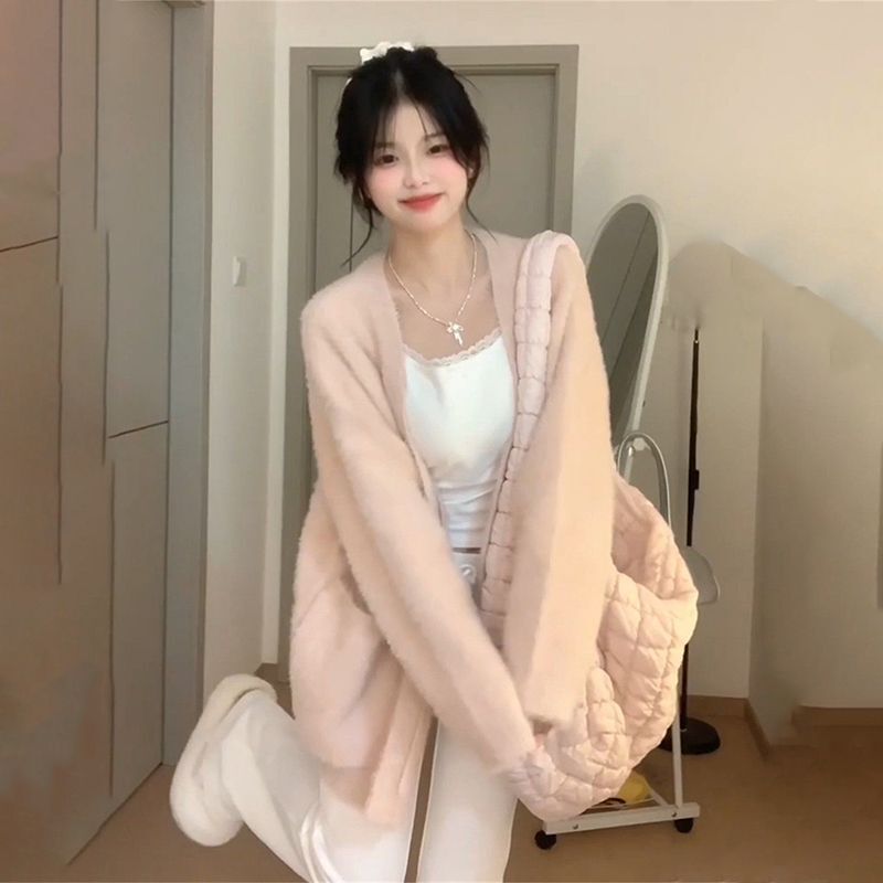 Spring New Sweet Style Pink Knitwear Cardigan for Female Students Korean Style Loose Flesh-Covering Furry Knitwear Jacket
