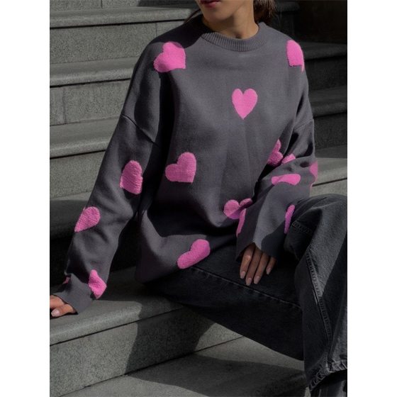 Love Embroidered Crewneck Autumn and Winter Sweater Women Cross-border Wholesale European and American 2024 Loose Casual Thickened Top Knitted Sweater