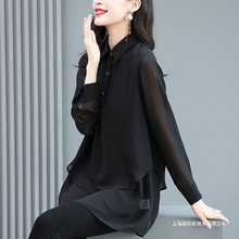 黑色雪纺衬衫中长款2025春季新款气质显瘦上衣女宽松洋气百搭小衫
