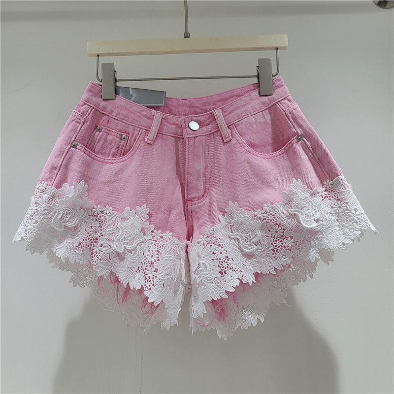Pantalones Cortos de Mezclilla Corte A con Empalme de Encaje para Verano