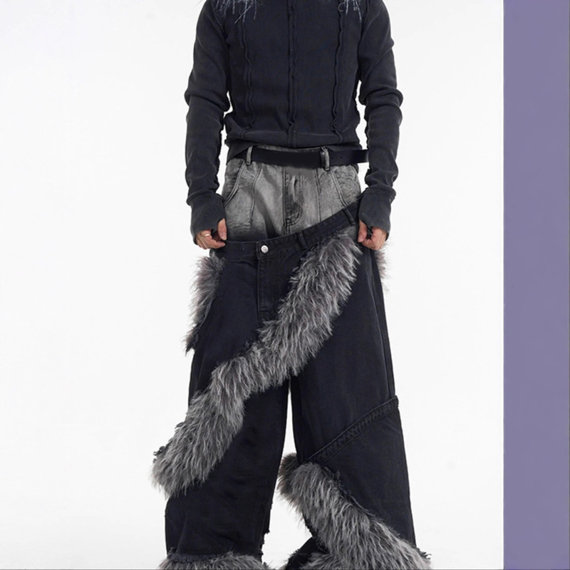 Y2K High Street Retro Casual American Ins Style Double-Pocket Fur Spiral Flared Jeans