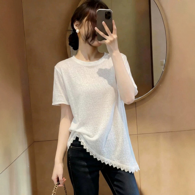 Lace Hem Irregular Shoulder-Length Short-Sleeved T-Shirt for Women 2026 Summer New Style Plus Size White Top for Fat mm 11648 Lace Hem Irregular Shoulder-Length Short-Sleeved T-Shirt for Women 2026 Summer New Style Plus Size White Top for Fat mm 11648