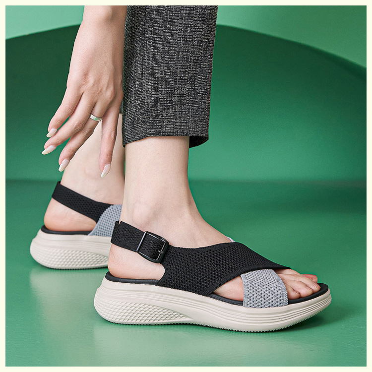 Sandal nữ quai chéo dệt kim phối dây rút, đế MD nhẹ êm — màu be, màu đen, xanh lam, màu hồng chi tiết 2
