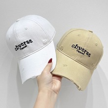 春夏字母刺绣软顶棒球帽男女款时尚小破洞休闲百搭情侣鸭舌帽潮