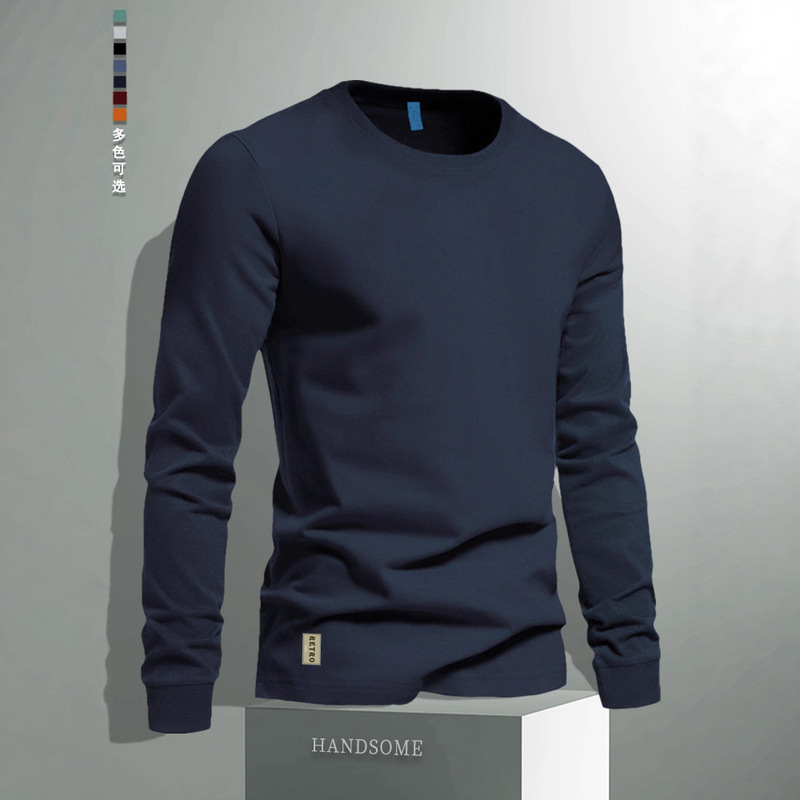 American Style New Pure Cotton Long-Sleeve T-Shirt for Men, Autumn and Winter Solid Color Base Shirt, Heavyweight Vintage Crew Neck Sweatshirt for Men