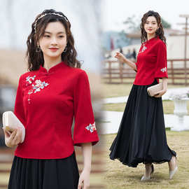 民国风女装中式唐装女套装禅意茶服采耳时尚刺绣汉元素汉服春夏装