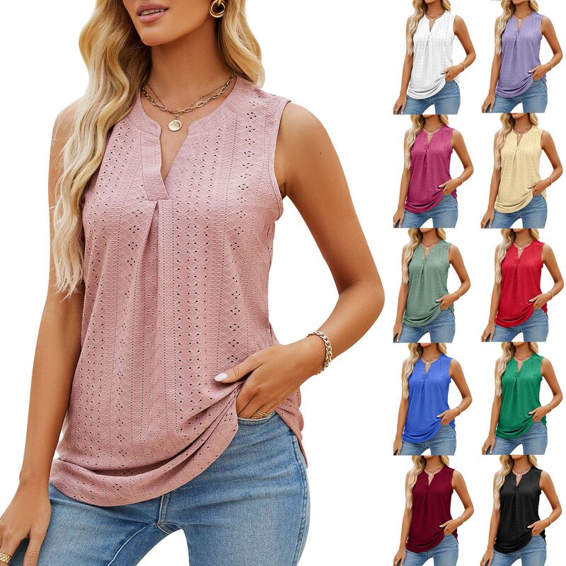 European and American Tops 2023 Summer New Cross-Border Export Women's Clothing Amazon Pure Color Hole V Neck Slim Vest for Women