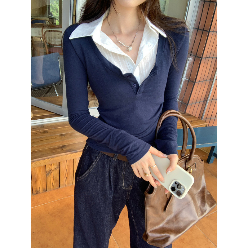 韩系气质撞色拼接假两件翻领长袖T恤女2025秋季新款高级感上衣|undefined