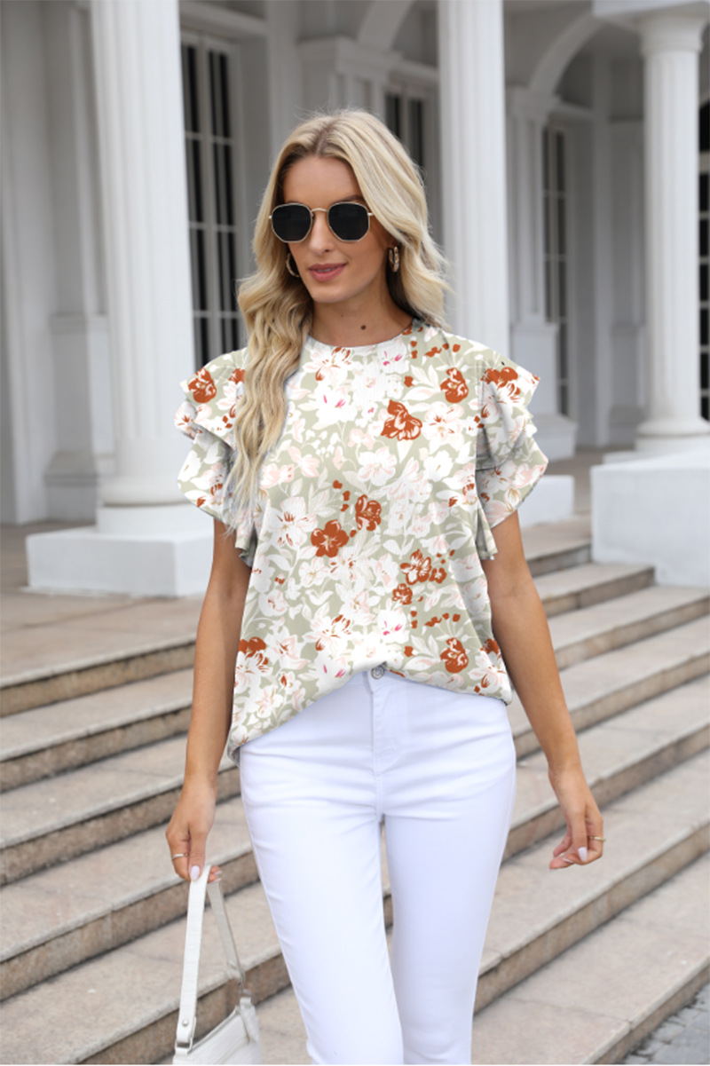 Women's Clothing Round Neck Printed Ruffled Short Sleeve Chiffon Shirt Fragmented Pullover T-shirt_voghion.com