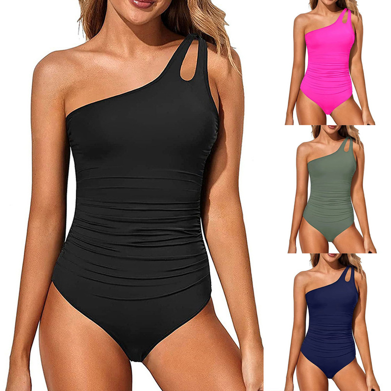 2026 European and American Cross-Border Foreign Trade New Style One-Shoulder One-Piece Tight-Fitting Swimsuit for Women, Sexy Solid Color Backless, One-Piece Dropshipping